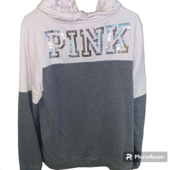 PINK VS Colorblock Pullover Hoodie w/ Silver Sequins Gray & Light Pink Black Dog - Picture 5 of 8